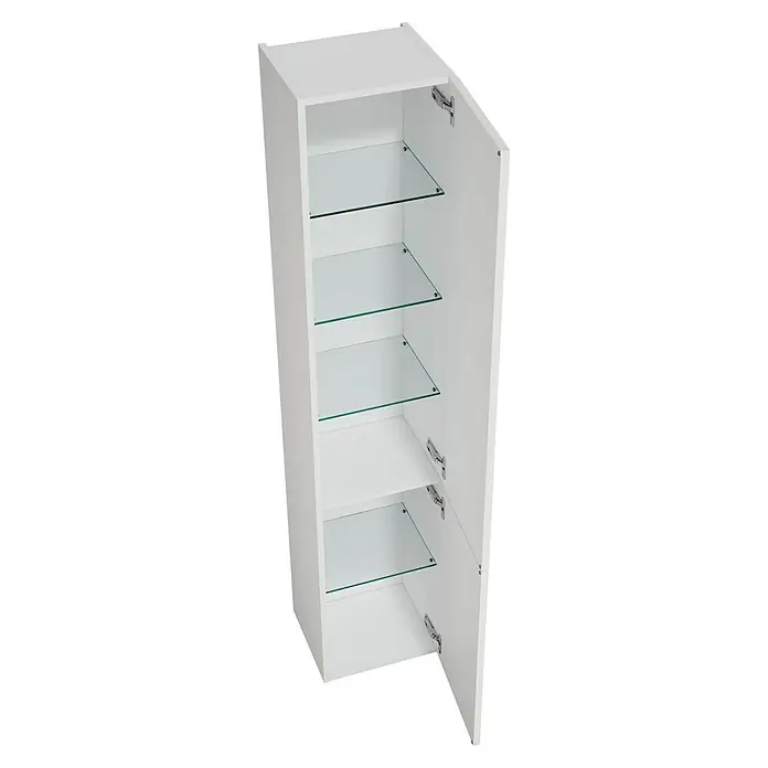 Camargue Aurinia Hochschrank - 35 x 32 x 176 cm, Weiß, DIN Anschlag: Rechts - Dieser geräumige, weiße Badezimmerschrank verfügt über mehrere Glasböden und eine offene Tür. Ideal zur Aufbewahrung von Badartikeln.