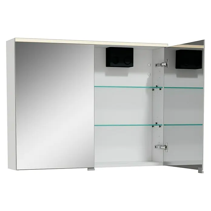 VitrA LED-Spiegelschrank - B x H: 80 x 62 cm, Mit Beleuchtung, Weiß - Ein offener Badezimmerschrank mit Spiegel und zwei Glasböden. Integrierte Lautsprecher sorgen für Musik im Bad.