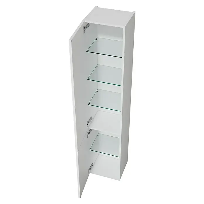 Camargue Aurinia Hochschrank - 35 x 32 x 176 cm, Weiß, DIN Anschlag: Links - Ein offener, weißer Badezimmerschrank mit mehreren Glasregalen, der Stauraum und eine elegante Optik bietet.