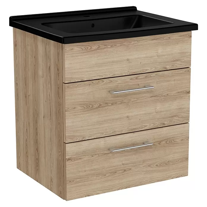 VitrA Aurinia 2.0 Waschtischunterschrank - 57 x 45 x 61 cm, Natural Oak - Schwarzer Waschtischunterschrank mit hellem Holzdekor und zwei Schubladen mit Chromgriffen.