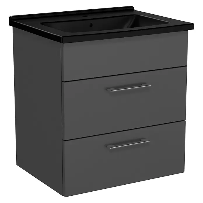 VitrA Aurinia 2.0 Waschtischunterschrank - 57 x 45 x 61 cm, Anthrazit - Dunkelgrauer Badezimmerschrank mit zwei Schubladen und schwarzem Waschbecken. Silberne Griffe.