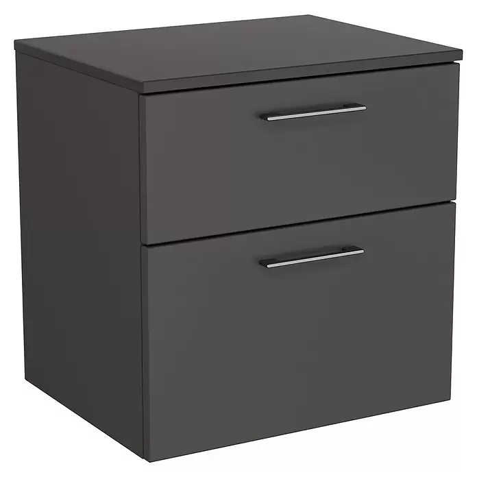 VitrA Aurinia 2.0 Waschtischunterschrank - 61 x 49 x 62 cm, Anthrazit - Dunkelgrauer Zweischubladen-Schrank mit silbernen Griffen.