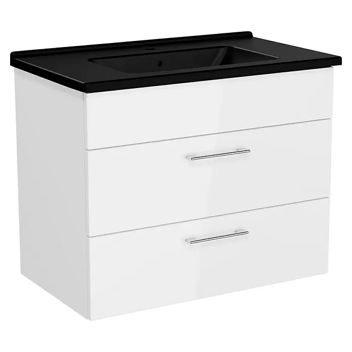 VitrA Aurinia 2.0 Waschtischunterschrank - 77 x 45 x 61 cm, Weiß - Weißer Badunterschrank mit zwei Schubladen, integriertem schwarzem Waschbecken und Arbeitsplatte sowie Chromgriffen.