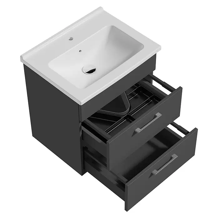 VitrA Aurinia 2.0 Waschtischunterschrank - 57 x 45 x 61 cm, Anthrazit - Dunkelgrauer Badunterschrank mit weißem Keramikwaschbecken, zwei offene Schubladen mit Organizern.