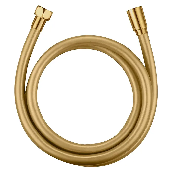 Imex Flexo de ducha - Largo: 150 cm, Plástico, Oro - Manguera de ducha dorada en disposición circular, mostrando su diseño flexible y accesorios dorados para una actualización elegante del baño.