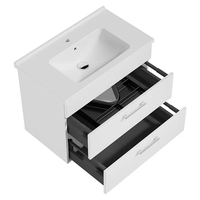 VitrA Aurinia 2.0 Waschtischunterschrank - 77 x 45 x 61 cm, Weiß - Weißer Badunterschrank mit integriertem Waschbecken und zwei teils geöffneten Schubladen mit schwarzem Interieur.