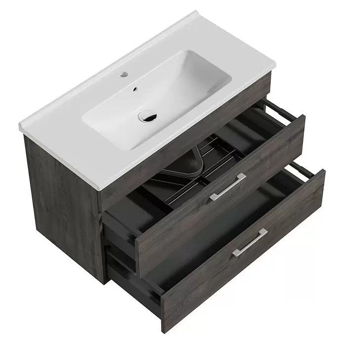 VitrA Aurinia 2.0 Waschtischunterschrank - 97 x 45 x 61 cm, Marone Trüffel - Waschtischunterschrank aus dunklem Holz mit weißem integriertem Waschbecken und zwei offenen Schubladen mit Organizern.