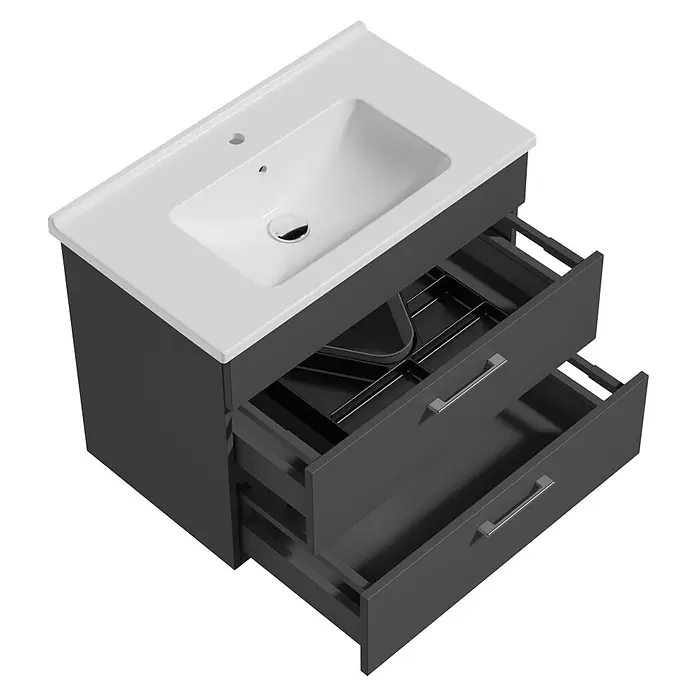 VitrA Aurinia 2.0 Waschtischunterschrank - 77 x 45 x 61 cm, Anthrazit - Dunkelgrauer Badezimmerschrank mit integriertem weißem Keramikwaschbecken und zwei geöffneten Schubladen, eine mit einem Organizer.