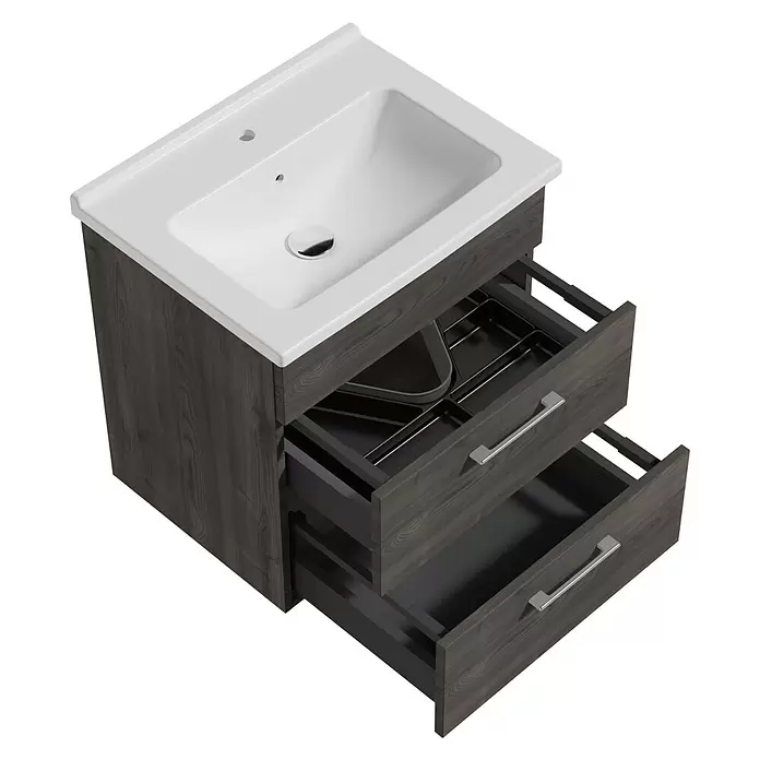 VitrA Aurinia 2.0 Waschtischunterschrank - 57 x 45 x 61 cm, Marone Trüffel - Dunkle Holzbadmöbel mit weißem Waschbecken und zwei offenen Schubladen mit Organizern.