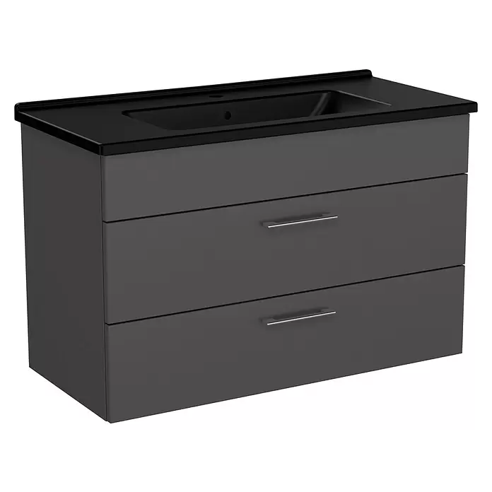 VitrA Aurinia 2.0 Waschtischunterschrank - 97 x 45 x 61 cm, Anthrazit - Dunkelgrauer Badunterschrank mit zwei Schubladen und integriertem schwarzen Waschbecken und Platte.