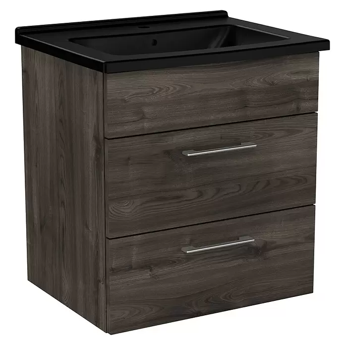 VitrA Aurinia 2.0 Waschtischunterschrank - 57 x 45 x 61 cm, Marone Trüffel - Badezimmerschrank in dunkler Holzoptik mit schwarzem integriertem Waschbecken und zwei Schubladen mit silbernen Griffen.