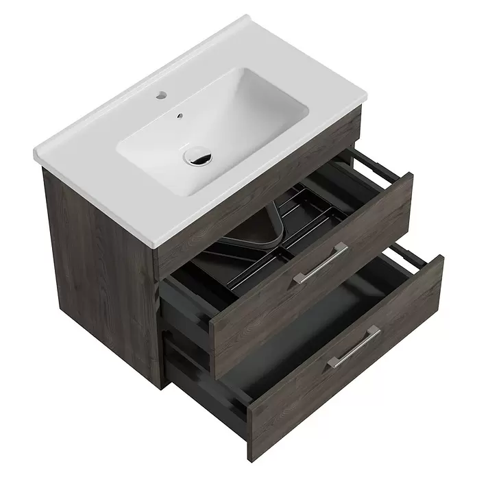 VitrA Aurinia 2.0 Waschtischunterschrank - 77 x 45 x 61 cm, Marone Trüffel - Dunkle Holzmaserung Badunterschrank mit weißem Waschbecken und zwei offenen Schubladen mit schwarzen Organizern.