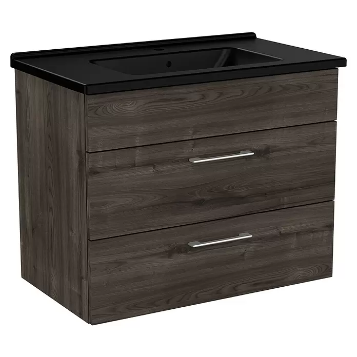 VitrA Aurinia 2.0 Waschtischunterschrank - 77 x 45 x 61 cm, Marone Trüffel - Dunkler Holz-Badezimmerunterschrank mit zwei Schubladen, silbernen Griffen und schwarzem integriertem Waschbecken.
