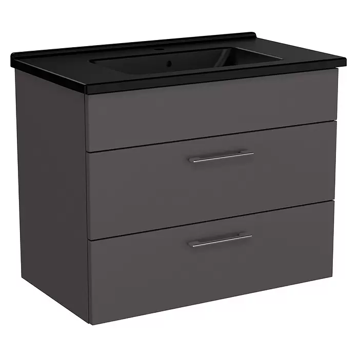 VitrA Aurinia 2.0 Waschtischunterschrank - 77 x 45 x 61 cm, Anthrazit - Grauer Badunterschrank mit zwei Schubladen und silbernen Griffen, ausgestattet mit einem eleganten schwarzen integrierten Waschbecken.