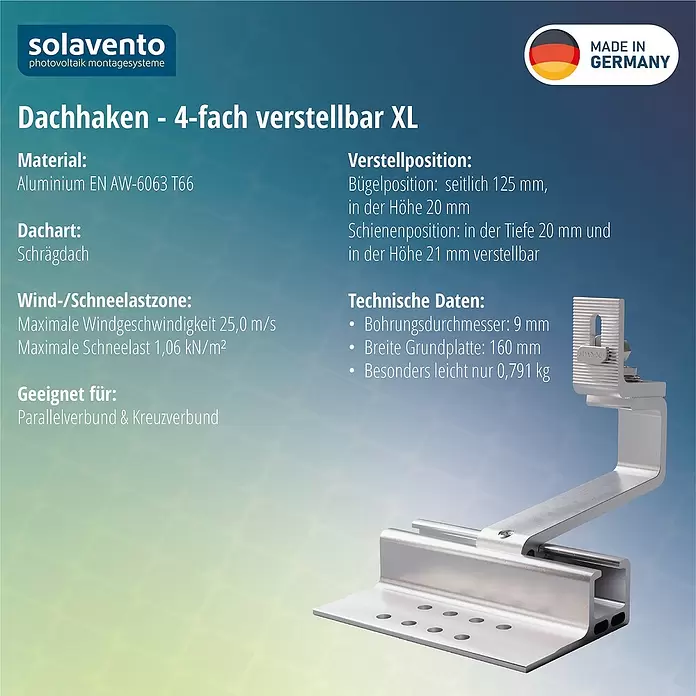 Solavento Dachhaken Solavento - Breite: 160 mm, Aluminium, 4 x verstellbar, Geeignet für: Schrägdach - 4-fach verstellbarer Aluminium-Dachhaken für Photovoltaik-Montagesysteme.
