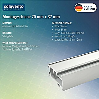 Solavento Montageschiene Solavento (2 400 x 37 x 70 mm, Silber, Geeignet für: Schrägdach)