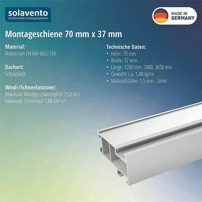 Solavento Montageschiene Solavento - 2.400 x 37 x 70 mm, Silber, Geeignet für: Schrägdach - Silberne Aluminium-Montageschiene für Photovoltaik, 70x37mm, für Schrägdächer.