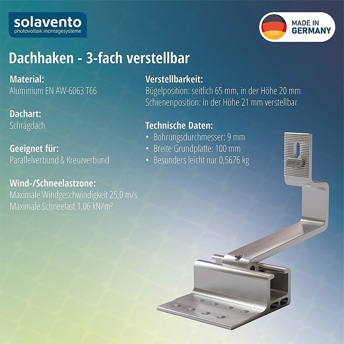 Solavento Dachhaken Solavento (Breite: 100 mm, Aluminium, 3 x verstellbar, Geeignet für: Schrägdach) | BAUHAUS
