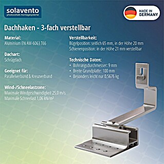 Solavento Dachhaken Solavento (Breite: 100 mm, Aluminium, 3 x verstellbar, Geeignet für: Schrägdach)