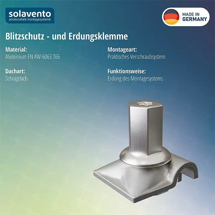Solavento Erdungsklemme - Aluminium, Geeignet für: Schrägdach - Silberne Aluminium Blitzschutz- und Erdungsklemme für Photovoltaik-Montagesysteme, mit Sechskantantrieb.