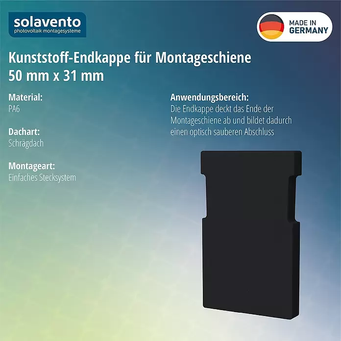 Solavento Endkappe Solavento - L x B x H: 30 x 35 x 55 mm, Geeignet für: Schrägdach - Schwarze PA6 Kunststoff-Endkappe (50x31mm) für Montageschienen, für einen sauberen Abschluss.