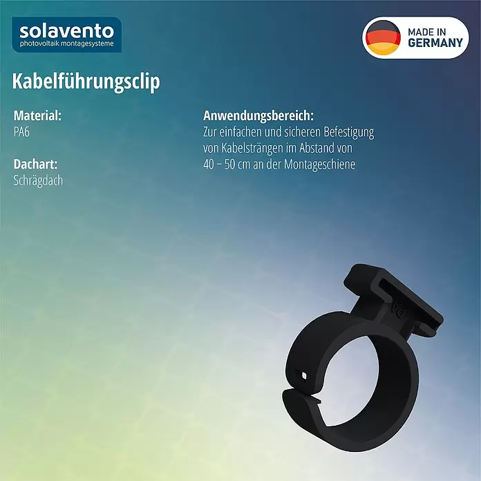 Solavento Kabelführung Solavento - Länge: 12 mm, Geeignet für: Schrägdach - Schwarzer Kabelführungsclip aus PA6 zur Befestigung von Kabelsträngen an Montageschienen auf Schrägdächern.