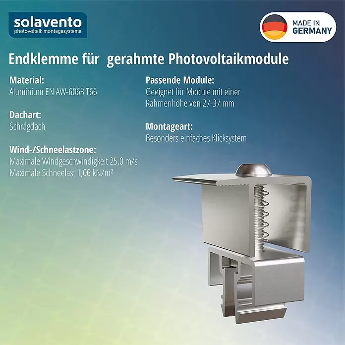 Solavento Endklemme Solavento - Silber, Aluminium, Geeignet für: Schrägdach - Silberne Aluminium-Endklemme für gerahmte Photovoltaikmodule.