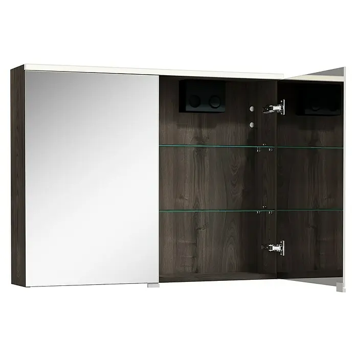 Camargue Aurinia LED-Spiegelschrank - B x H: 80 x 62 cm, Mit Beleuchtung, Marone Trüffel - Offener Spiegelschrank mit Glasböden und Holzstruktur für stilvolle Badaufbewahrung.