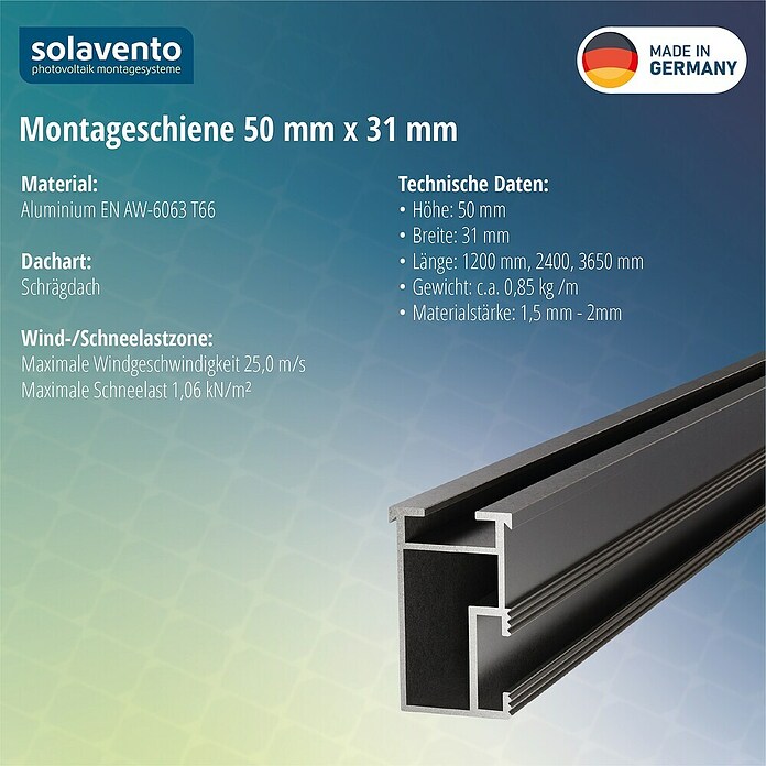 Solavento Montageschiene Solavento (3 650 x 31 x 50 mm, Schwarz, Geeignet für: Schrägdach) | BAUHAUS