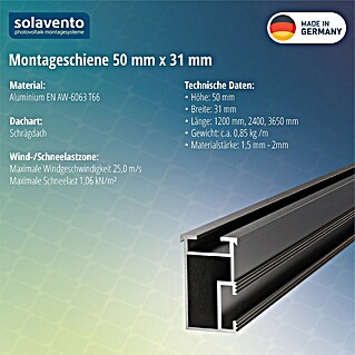 Solavento Montageschiene Solavento (3 650 x 31 x 50 mm, Schwarz, Geeignet für: Schrägdach)