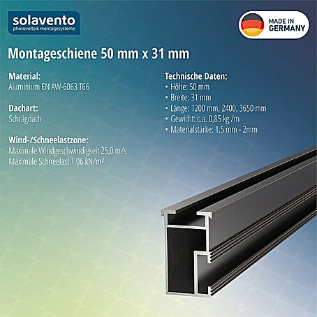 Solavento Montageschiene Solavento (1 200 x 31 x 50 mm, Schwarz, Geeignet für: Schrägdach)