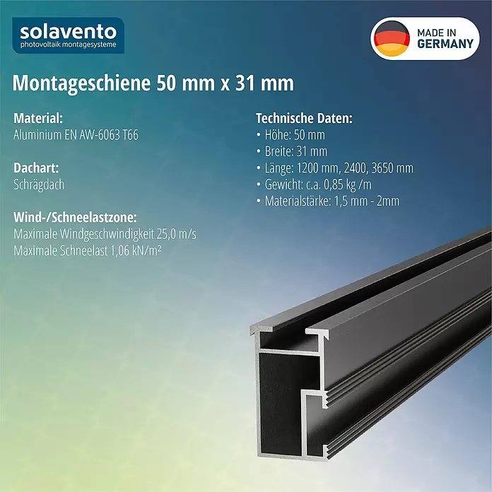 Solavento Montageschiene Solavento - 2.400 x 31 x 50 mm, Schwarz, Geeignet für: Schrägdach - Dunkelgraue Aluminium Montageschiene (50x31mm) für Photovoltaik-Anlagen.