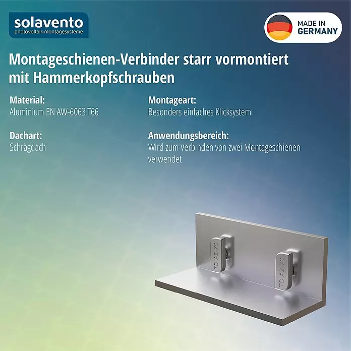 Solavento Verbindungselement Solavento - Aluminium, Geeignet für: Schrägdach - Silberner Aluminium Montageschienen-Verbinder starr mit zwei vormontierten Hammerkopfschrauben, zum Verbinden von zwei Montageschienen.