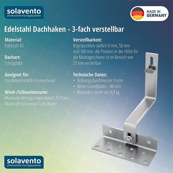 Solavento Dachhaken Solavento (Breite: 140 mm, Edelstahl, 3x verstellbar, Geeignet für: Schrägdach) | BAUHAUS