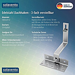 Solavento Dachhaken Solavento (Breite: 140 mm, Edelstahl, 3x verstellbar, Geeignet für: Schrägdach)