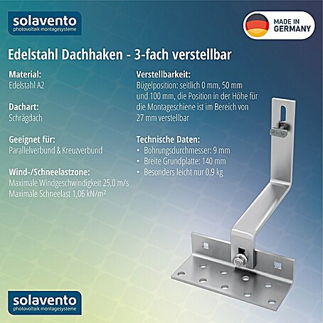 Solavento Dachhaken Solavento (Breite: 140 mm, Edelstahl, 3x verstellbar, Geeignet für: Schrägdach)