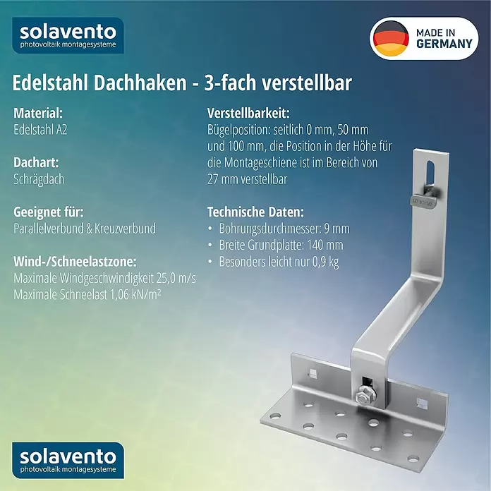 Solavento Dachhaken Solavento - Breite: 140 mm, Edelstahl, 3x verstellbar, Geeignet für: Schrägdach - Metallischer, 3-fach verstellbarer Edelstahl-Dachhaken für Solarmodule.