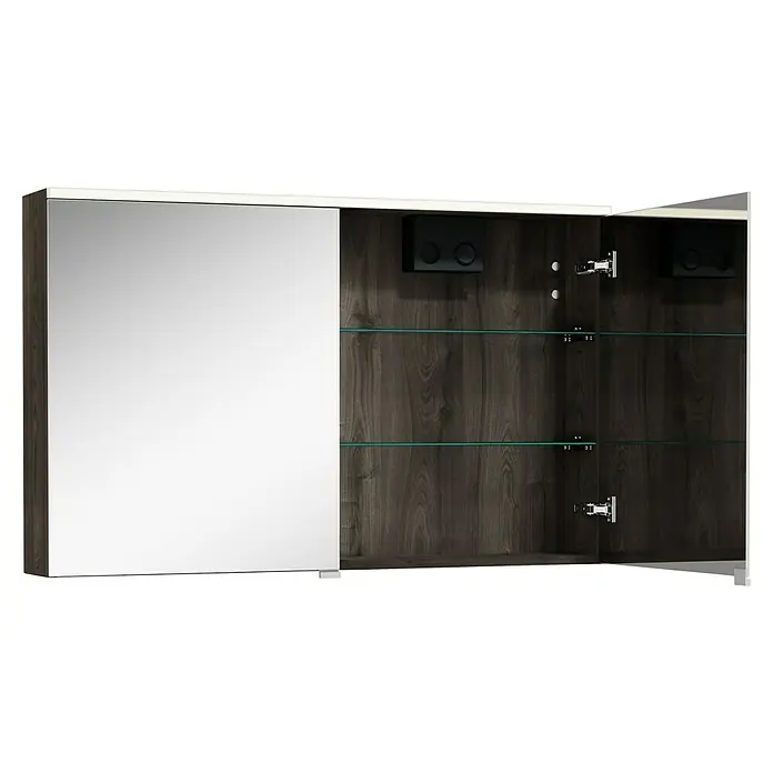 Camargue Aurinia LED-Spiegelschrank - B x H: 100 x 62 cm, Mit Beleuchtung, Marone Trüffel - Ein offener Spiegelschrank mit Holzrückwand und Glasböden bietet stilvollen Stauraum im Badezimmer. Die Spiegelfront sorgt für Helligkeit.