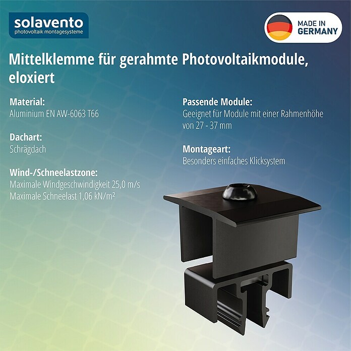 Solavento Mittelklemme (Aluminium, Schwarz, Geeignet für: Schrägdach) | BAUHAUS