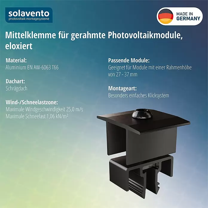 Solavento Mittelklemme - Aluminium, Schwarz, Geeignet für: Schrägdach - Schwarze eloxierte Aluminium-Mittelklemme für gerahmte Solarmodule, für sichere Befestigung.
