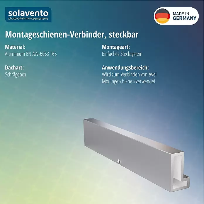 Solavento Schienenverbinder Solavento - Aluminium, Geeignet für: Schrägdach - Metallischer Aluminiumverbinder für Photovoltaik-Montageschienen, zum steckbaren Verbinden zweier Schienen.