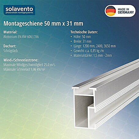 Solavento Montageschiene Solavento (1 200 x 31 x 50 mm, Silber, Geeignet für: Schrägdach)