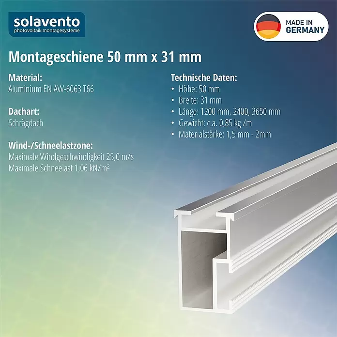 Solavento Montageschiene Solavento - 3.650 x 31 x 50 mm, Silber, Geeignet für: Schrägdach - Silberne Aluminium-Montageschiene (50x31mm) für Photovoltaiksysteme.