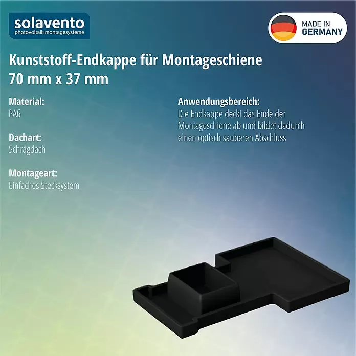 Solavento Endkappe Solavento - L x B x H: 30 x 50 x 75 mm, Geeignet für: Schrägdach - Schwarze PA6 Kunststoff-Endkappe für Montageschienen, 70x37mm, für sauberen Abschluss.