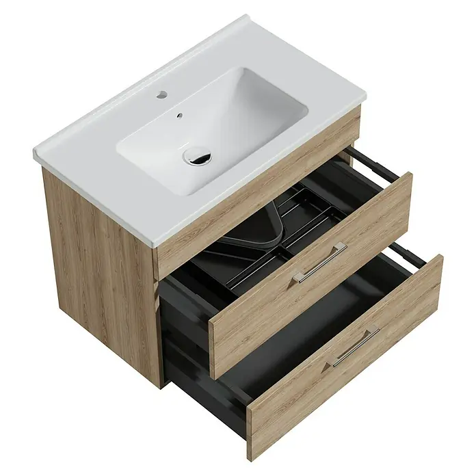VitrA Aurinia 2.0 Waschtischunterschrank - 77 x 45 x 61 cm, Natural Oak - Ein moderner Waschtisch mit zwei offenen Schubladen in Holzoptik und einem weißen Waschbecken. Praktisches Design für jedes Badezimmer.