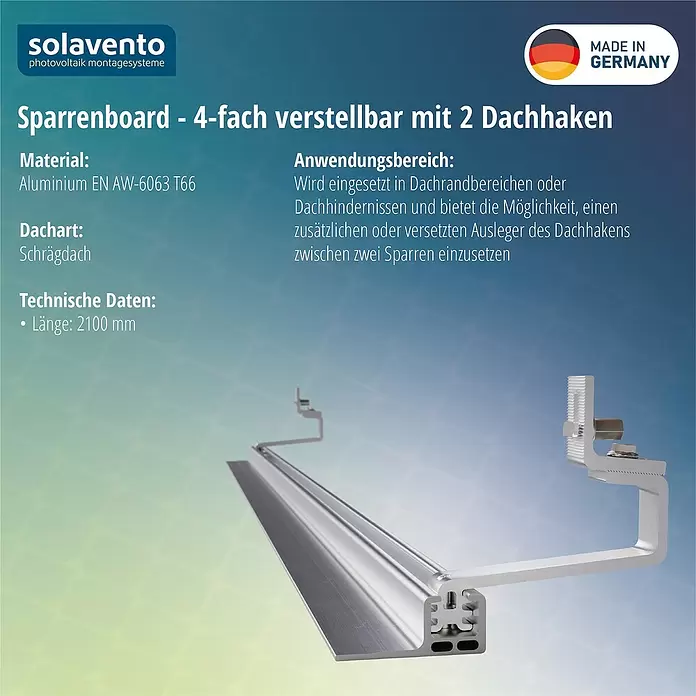 Solavento Sparrenboard - Aluminium, Geeignet für: Schrägdach - Silbernes Aluminium-Sparrenboard, 4-fach verstellbar, mit zwei Dachhaken für Photovoltaik-Montagesysteme auf Schrägdächern.