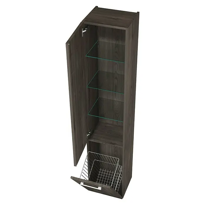 Camargue Aurinia Hochschrank - 35 x 32 x 176 cm, Marone Dekor Trüffel, Mit Wäschekippe, DIN Anschlag: Links - Ein hochformatiger Badezimmerschrank mit einer Holztür, Glasböden und einem Drahtkorb. Der Schrank ist in einem dunklen Holzton gehalten.