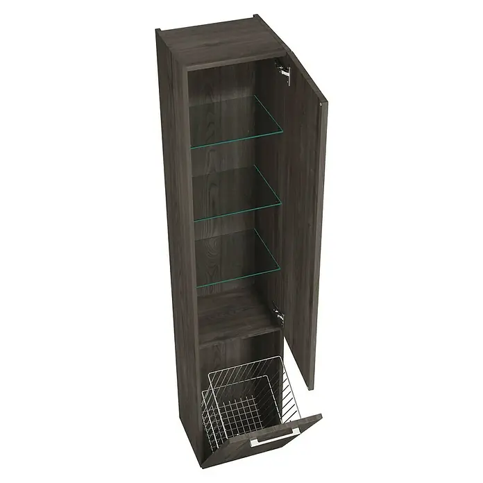 Camargue Aurinia Hochschrank - 35 x 32 x 176 cm, Marone Dekor Trüffel, Mit Wäschekippe, DIN Anschlag: Rechts - Abgebildeter, offener Hängeschrank in dunkler Holzoptik mit Glasböden und einem Drahtkorb im unteren Fach.