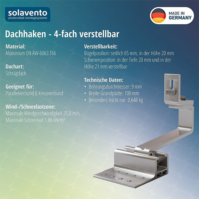 Solavento Dachhaken Solavento (Breite: 100 mm, Aluminium, 4 x verstellbar, Geeignet für: Schrägdach) | BAUHAUS