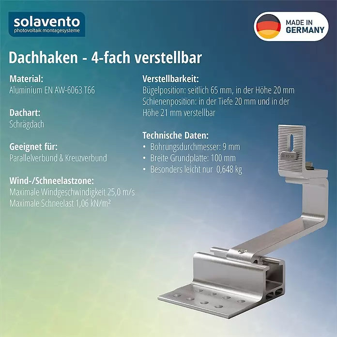 Solavento Dachhaken Solavento - Breite: 100 mm, Aluminium, 4 x verstellbar, Geeignet für: Schrägdach - Silberner, 4-fach verstellbarer Aluminium-Dachhaken für Photovoltaik-Montagesysteme.